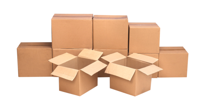carton box open with brown color as delivery houshold cardboard box, for moving, packaging or packing, some product in business object transportation., like shipping, Isolated on white background. 
