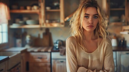 Pensive thoughtful woman with distressed mood stands in kitchen of home Anxiety fear Tired frustrated blonde woman feel bad looking sadly away Midlife crisis despair sadness negative e : Generative AI