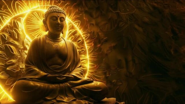 A golden Buddha statue sits in a meditative pose surrounded by bright light, emanating from behind him. Seamless looping video background animation. Generated with AI
