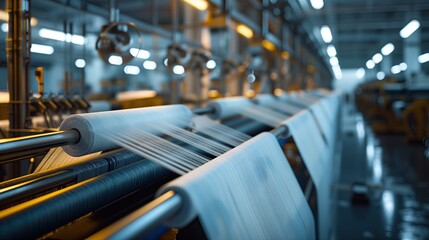 Textile factory with looms producing cotton fabric. 3D rendering. High resolution with soft lighting. High details.

