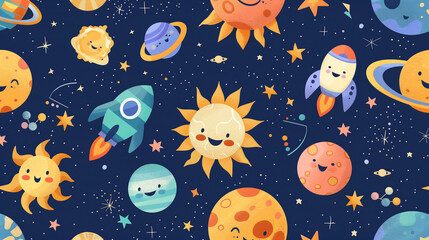 Fototapeta premium Cute cartoon planets with smiling faces in a playful space-themed pattern