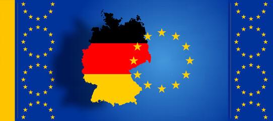 Obraz premium creative abstract flag of the European Union, EU Europe with the simplified outline map of Germany with deep dark shadow as 3d-illustration