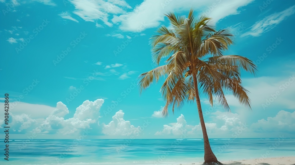 Poster palm tree on tropical beach with blue sky and white clouds abstract background copy space of summer 