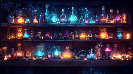 A shelf full of colorful bottles with glowing liquid inside
