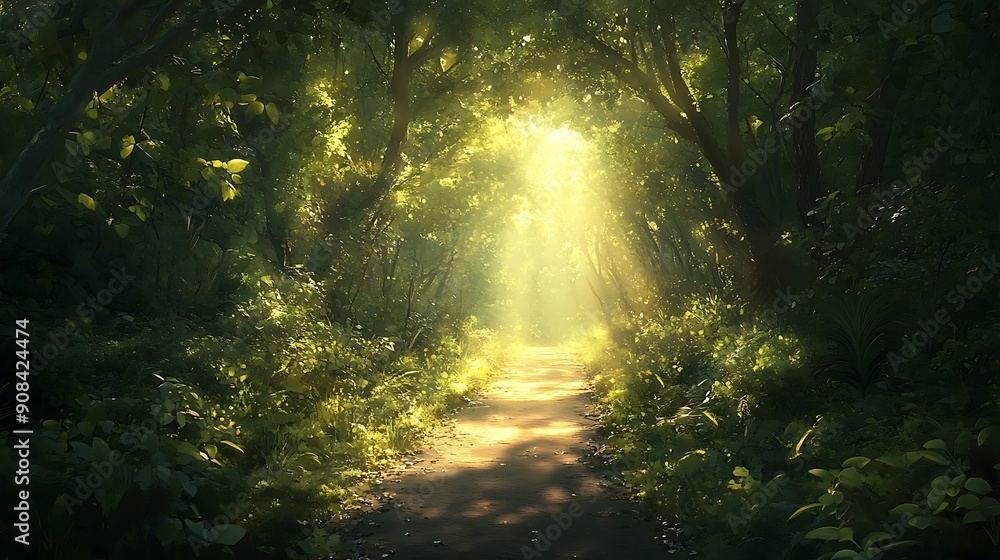 Poster sunlit path through dense green forest symbolizing a successful journey