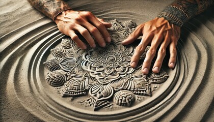 Man's Hands Creating a Mandala in Sand with Intricate Details and Tattoos - Zen Garden Art Concept.