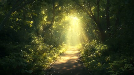 Obraz premium Sunlit Path Through Dense Green Forest Symbolizing a Successful Journey