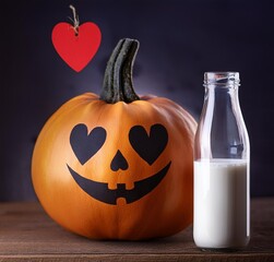 halloween pumpkin with milk and hearts