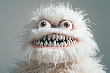 Obraz premium A charming white furry monster puppet with large eyes and sharp teeth, showing a humorous and exaggerated expression. Great for children’s entertainment and puppet shows.