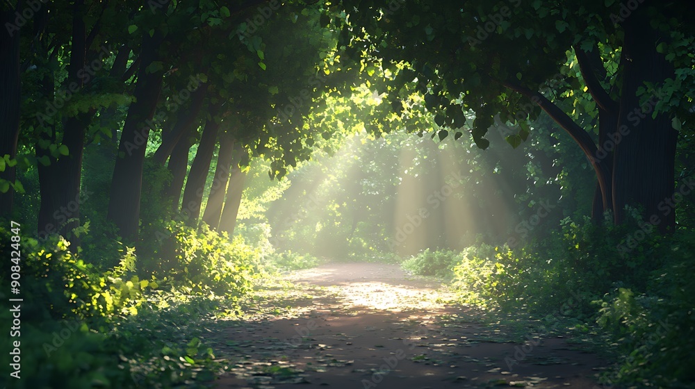 Aufkleber Sunlit Path Through Dense Green Forest Symbolizing a Successful Journey