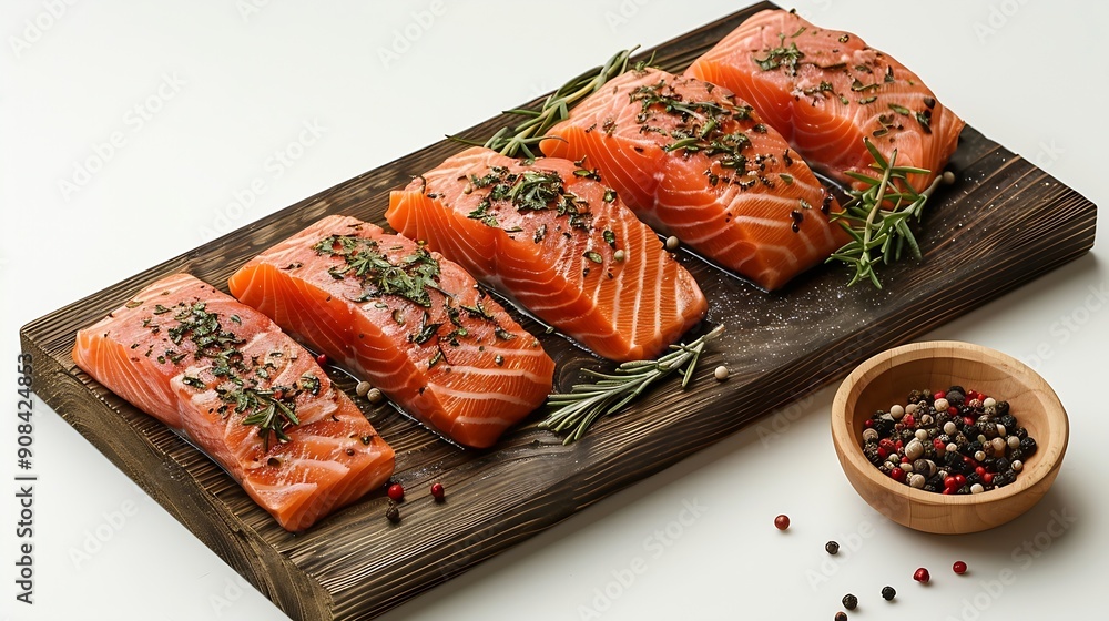Poster wooden board with raw salmon steaks and different spices on white background : generative ai