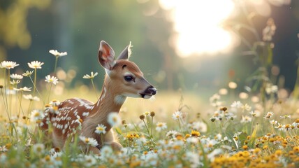 Playful fawn frolicking in wildflowers wearing a miniature tuxedo.