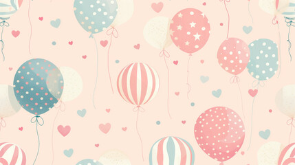 Pastel balloons and hearts in a soft, whimsical pattern with a celebratory feel