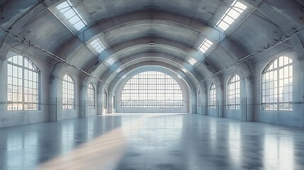 Huge empty industrial warehouse building White interior Hemispherical reinforced concrete load bearing roof with windows Unique architecture : Generative AI
