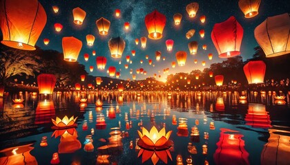 Sky Lanterns Floating Over Lake at Night with Milky Way in Background -  Magical Wishes and Dreams Released into the Universe