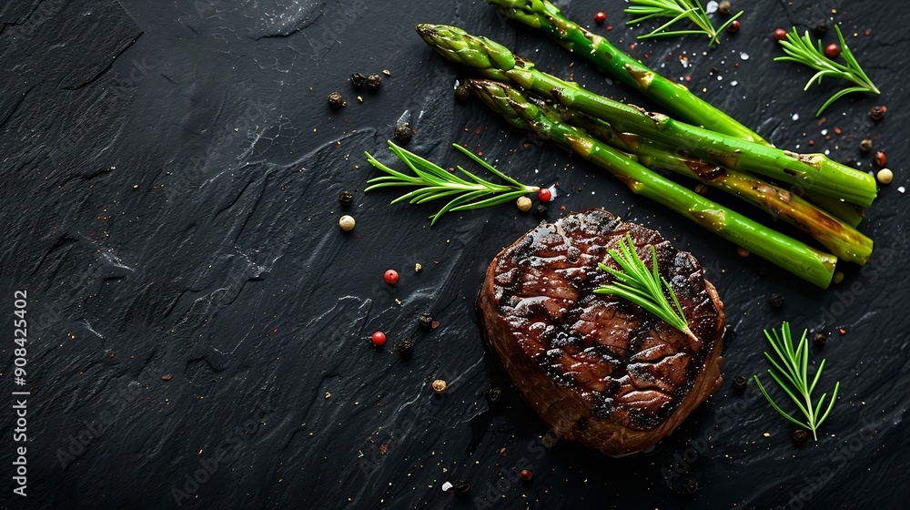 Poster grilled fillet mignon steak with roasted asparagus black background top view : generative ai