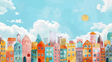 A watercolor painting of a colorful cityscape with a bright blue sky.