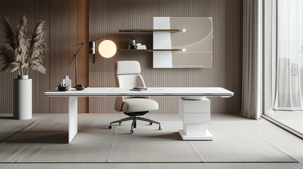 A modern home office with a white desk, chair, and floor, and a large window.