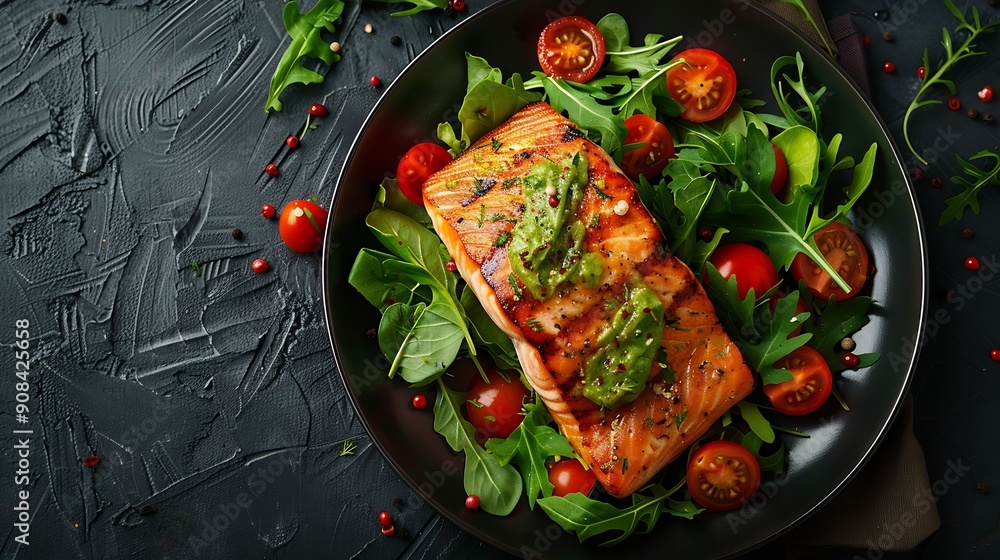 Aufkleber grilled salmon fish fillet and fresh green lettuce vegetable tomato salad with avocado guacamole top