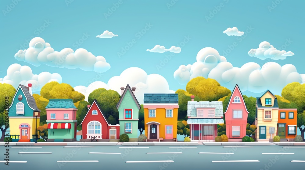 Canvas Prints Colorful cartoon houses on a street with a bright blue sky and fluffy clouds.