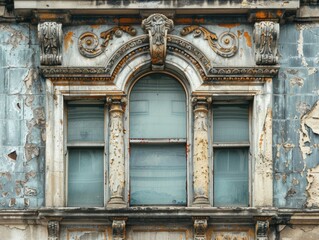 Weathered stone facade with historic architectural details
