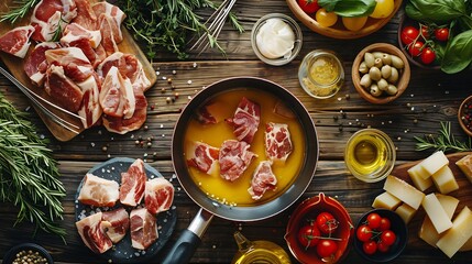 Fondue pot with oil forks raw meat pieces and other products on wooden table flat lay : Generative AI