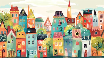 A cartoon illustration of a colorful town with houses and trees.