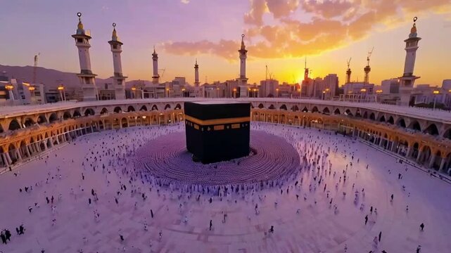 An aerial view of the Kaaba, the holiest site in Islam, surrounded by pilgrims at sunset. The sky is a vibrant orange and pink, and the minarets of the mosque stand tall. Seamless looping video Ai
