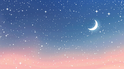 Fototapeta premium Tranquil night sky with a crescent moon and stars above soft pink clouds