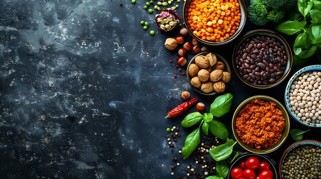 Vegan food for a healthy immune boosting diet with legumes vegetables nuts dips grains snacks and cereal products Plant based health foods for ethical eating and a healthy planet Flat  : Generative AI