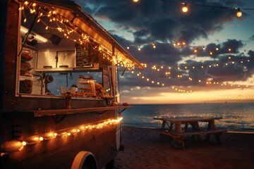 Fairy lights adorn a beachside food truck as the sun sets, casting a warm and inviting glow over the scene. A realistic and professional image.