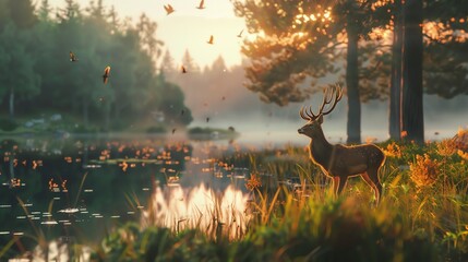 A deer stands by a lake in a forest with birds flying in the sky at sunset.