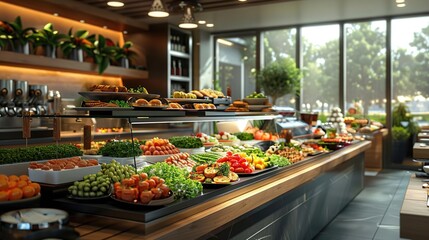 3D Render of a Restaurant Buffet with Fresh Fruit, Vegetables, and Baked Goods