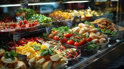 Fresh Food Display in a Glass Case with a Variety of Fresh Produce, Bread, and Other Delicacies - Photo