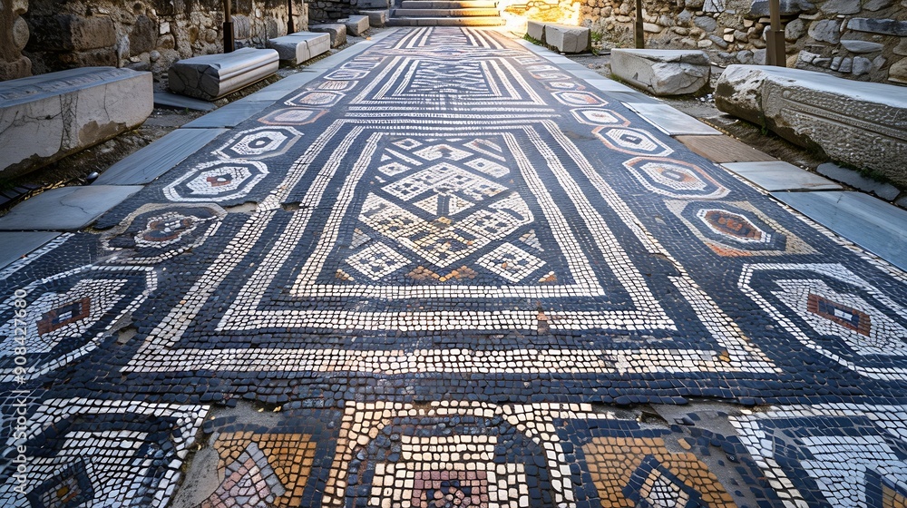 Poster ancient mosaic floor regular pattern from laodicea church with geometric design denizli turkey turki