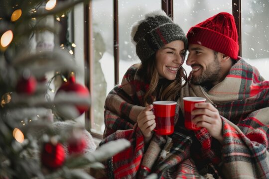 Smiling couple, bundled in a tartan blanket, holding red cups of hot drink, sitting by a window with a snowy view and Christmas decorations.