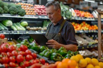 Obraz premium Supermarket owner with a tablet in hand, analyzing sales data while standing near a well-organized display of fresh fruits and vegetables.