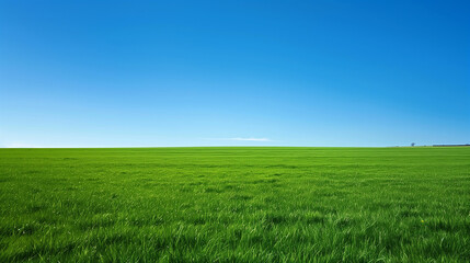 Naklejka premium A large, open field of grass with a clear blue sky above. Concept of peace and tranquility