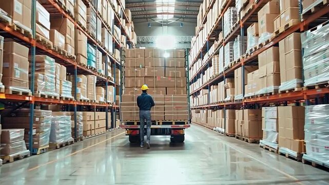 At a retail logistics centre, an employee stacks cardboard boxes into a delivery truck. Online acquisitions