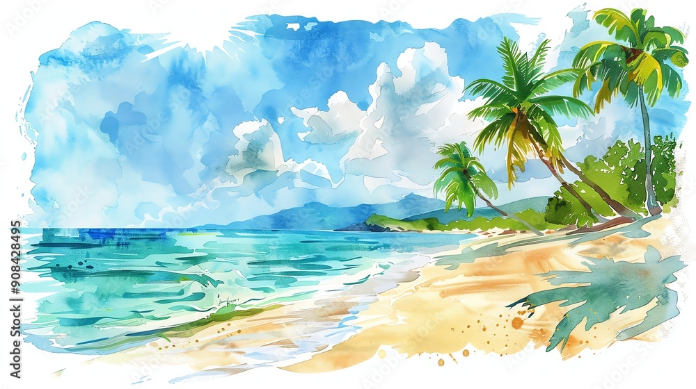 Sticker A watercolor painting of a tropical beach scene with palm trees and a blue sky.