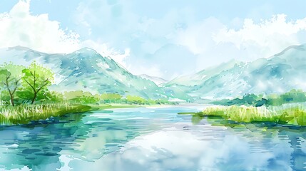 Fototapeta premium A watercolor painting of a lake with mountains and trees in the background.