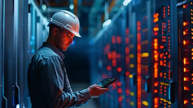 A teenage engineer in the server room of a data centre