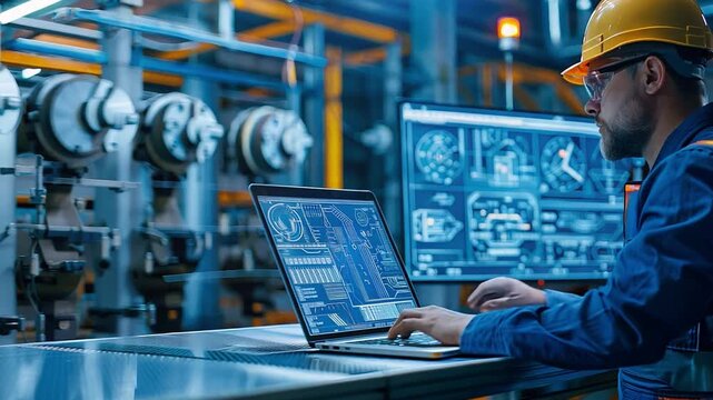 an engineer carrying a laptop A programmable logic controller is in charge of a large, fully automatic machine.