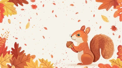 A squirrel is holding an acorn in a fall scene. The leaves on the ground are orange and scattered around the squirrel