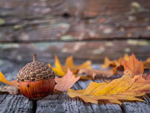 A small acorn sits on a wooden surface next to a pile of yellow leaves. Concept of autumn and the changing of the seasons