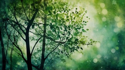 Fototapeta premium Green grunge bokeh watercolor tree silhouette background
