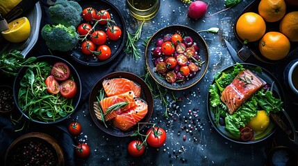 Fresh Salmon with Vegetables and Rosemary - Food Photography