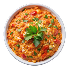 Menemen on white bowl top view isolated on transparent background