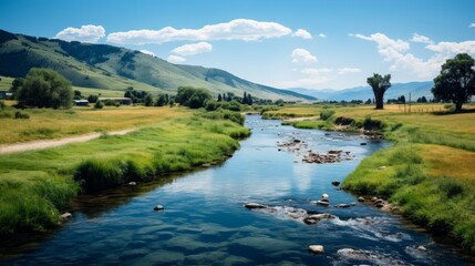 Obraz premium Tranquil rural landscape with houses by a flowing river under a bright blue sky.