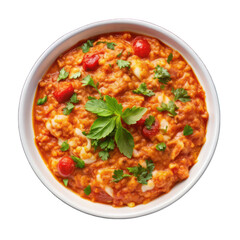 Menemen on white bowl top view isolated on transparent background
